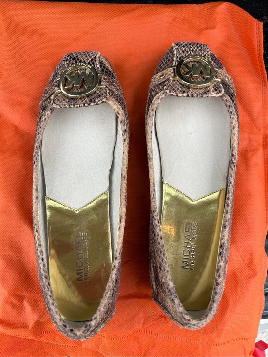 Michael Kors Shoes - Michael Kors Gold-Accented Brown Snake-Print Ballet Flats